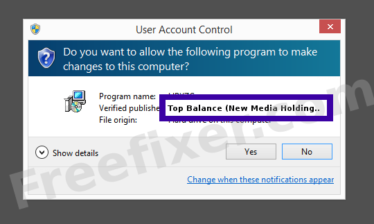 Screenshot where Top Balance (New Media Holdings Ltd.) appears as the verified publisher in the UAC dialog